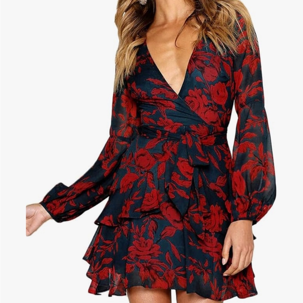 Floral Red and Black Wrap Dress